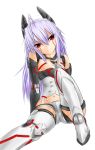  ahoge android arm_support armor farnen_series highres lavender_hair long_hair looking_at_viewer mouken navel phantasy_star phantasy_star_online_2 red_eyes robot_joints simple_background sitting solo thigh-highs thighhighs tsurime white_background 