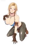  bare_shoulders belt blonde_hair blue_eyes blush boots breasts cleavage collarbone dead_or_alive gloves jeans large_breasts long_hair o-ring_top shiny shiny_skin simple_background solo tina_armstrong torn_clothes torn_jeans vasily_(run211) white_background 