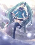  absurdres boots earmuffs green_eyes green_hair hatsune_miku highres long_hair looking_at_viewer mittens skirt snow snowman solo spring_onion thigh-highs thigh_boots thighhighs tony_(490734457) twintails very_long_hair vocaloid yuki_miku 