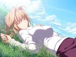  arcueid_brunestud blonde_hair blue_sky blush breasts dutch_angle game_cg grass hair_intakes large_breasts melty_blood short_hair skirt sky sleeping smile solo sweater takeuchi_takashi tsukihime 