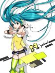  39 aqua_eyes bracelet floating_hair fujimaru_(bluebrand) green_legwear hatsune_miku headset jewelry long_hair navel necktie project_diva project_diva_2nd see-through short_shorts shorts smile solo thigh-highs thighhighs twintails very_long_hair vocaloid yellow_(vocaloid) yellow_legwear 
