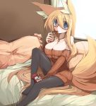  animal_ears aoi_(naomi) black_legwear blue_eyes breasts copyright_request endou_chihiro fox_ears fox_tail glasses highres large_breasts long_hair looking_at_viewer original pantyhose pocky sitting sweater tail 