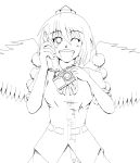  breasts camera hat highres kouno_ibuki lineart mechanical_pencil monochrome notebook open_mouth pencil shameimaru_aya short_hair smile solo tokin_hat touhou wings wink 