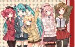  aqua_eyes aqua_hair arm_up arms_up belt blonde_hair blue_eyes brown_eyes brown_hair crossed_arms drill_hair garter_straps hair_ornament hair_ribbon hairclip hatsune_miku jewelry kagamine_rin kasane_teto lace lace-trimmed_thighhighs long_hair megurine_luka meiko mikippa multiple_girls necklace necktie open_mouth pantyhose pink_hair red_eyes red_hair redhead ribbon short_hair skirt thigh-highs thighhighs twin_drills twintails utau vertical-striped_legwear vertical_stripes very_long_hair vocaloid waving wink 