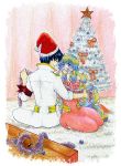  1girl blue_hair boota christmas christmas_tree couple fake_mustache hat kanehira laughing multicolored_hair nia_teppelin ribbon santa_hat simon sitting star tengen_toppa_gurren_lagann two-tone_hair 