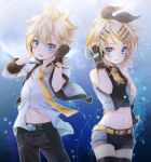  1girl blonde_hair blue_eyes brother_and_sister gloves hair_ornament hair_ribbon hairclip hand_on_headphones hand_on_hip hands_on_headphones headphones kagamine_len kagamine_rin looking_at_viewer midriff natsumi_yuu navel necktie open_mouth project_diva project_diva_extend ribbon short_hair shorts siblings thigh-highs thighhighs vocaloid 