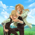  2boys alphonse_elric blonde_hair brothers closed_eyes crutch edward_elric eyes_closed fullmetal_alchemist hair_tussle house laughing long_hair multiple_boys ponytail siblings sleeves_rolled_up vest 