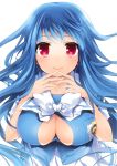  badge blue blue_hair blush bow breasts bust kotoji large_breasts long_hair looking_at_viewer original red_eyes smile solo 