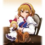  ^_^ acorn aki_(akikaze_asparagus) alice_margatroid blonde_hair bow breasts capelet chair closed_eyes doll dress hair_bow hairband jewelry long_hair nut nut_(food) open_mouth puppet_strings ring shanghai_doll short_hair sitting smile squirrel table touhou yellow_eyes 