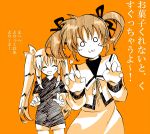  :3 :d ^_^ blush closed_eyes eyes_closed fate_testarossa hair_ribbon long_hair long_sleeves looking_at_viewer lyrical_nanoha lyrical_nanoha_a&#039;s lyrical_nanoha_a's mahou_shoujo_lyrical_nanoha mahou_shoujo_lyrical_nanoha_a's monochrome multiple_girls o_o open_mouth orange_background ribbon school_uniform short_sleeves short_twintails shorts simple_background smile takamachi_nanoha translation_request twintails 
