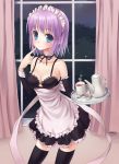  bare_shoulders black_legwear blue_hair blush breasts collarbone cup curtains detached_sleeves finger_to_mouth highres kettle maid maid_headdress original purple_hair short_hair smile solo spoon thigh-highs thighhighs tray window yuyu_(tinami) 