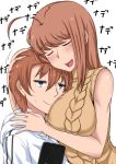  1girl annoyed blue_eyes breast_pillow breasts brother_and_sister closed_eyes eyes_closed holding_head hug huge_breasts maru_(maruttona) maruttona minoru_oba o-cup-chan o_cup-chan_(maruttona) orange_hair original siblings sleeveless sleeveless_turtleneck smartphone sweatdrop sweater turtleneck 