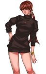  1girl bracelet brown_hair contrapposto fatal_fury hair_over_eyes hand_on_hip jewelry king_of_fighters lipstick lowres makeup necklace shermie solo sweater_dress turtleneck twintails 