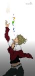  1boy barnaby_brooks_jr blonde_hair glasses green_eyes jacket jewelry lotto_honey necklace outstretched_hand red_jacket solo tiger_&amp;_bunny underwater 