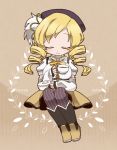  bebe_0620 beret blonde_hair boots breasts closed_eyes corset cup drill_hair eyes_closed fingerless_gloves gloves hair_ornament hat magical_girl mahou_shoujo_madoka_magica pleated_skirt skirt smile solo striped striped_legwear teacup thighhighs tomoe_mami 