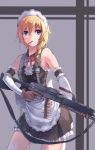  blonde_hair blue_eyes braid combat_maid elbow_gloves gloves gun machine_gun maid maid_headdress mouth_hold nightmaremk2 original pocky short_hair single_braid solo trigger_discipline type_88_lmg weapon 