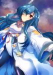  antler blue_hair blue_legwear bodysuit date_masamune date_masamune_(horizon) eyepatch female gloves horn irouha kyoukai_senjou_no_horizon long_hair pantyhose red_eyes smile solo 