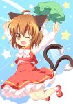  ahoge animal_ears arms_up bare_legs blush bow brown_eyes brown_hair cat_ears cat_tail chen fang hat hat_removed headwear_removed jewelry jumping long_sleeves multiple_tails open_mouth pila-pela shirt short_hair single_earring skirt skirt_set solo star tail touhou vest wink 