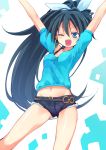  &gt;;d arms_up black_hair blue_eyes blush cutoffs denim denim_shorts earrings fang ganaha_hibiki homura_subaru hoop_earrings idolmaster jewelry long_hair midriff navel outstretched_arm ponytail short_shorts shorts solo unbuttoned 