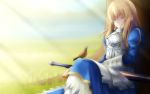  1girl ahoge armor armored_dress artist_request avalon_(fate/stay_night) bird blonde_hair closed_eyes excalibur eyes_closed fate/stay_night fate_(series) gauntlets hair_down long_hair saber sheath sheathed sleeping smile solo sunlight sword weapon 