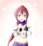  1girl bikini_top cosplay detached_sleeves midriff navel ponytail purple_eyes purple_hair rivalun_(cosplay) sugiura_ayano violet_eyes yuru_yuri 