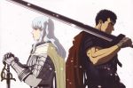  2boys armor berserk black_hair blue_eyes cape dragonslayer_(sword) griffith guts hands_on_hilt huge_weapon lips long_hair multiple_boys official_art over_shoulder planted_sword planted_weapon scar sword sword_over_shoulder wavy_hair weapon weapon_over_shoulder white_hair 