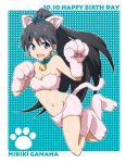  :d animal_ears bare_shoulders black_hair blue_eyes cat_ears cat_tail character_name collar earrings fang ganaha_hibiki happy_birthday hoop_earrings idolmaster jewelry kidachi long_hair midriff navel open_mouth paws ponytail smile solo tail very_long_hair wide_ponytail 