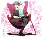 alternate_costume bad_id blue_hair bokken boots chair gintama goggles goggles_on_head halut-ricca red_eyes sakata_gintoki silver_hair sitting smile solo sword weapon wooden_sword
