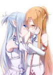  asuna_(sao) asuna_(sao-alo) blue_eyes blue_hair brown_eyes brown_hair detached_sleeves dual_persona hand_on_another&#039;s_face hand_on_another's_face long_hair multiple_girls pointy_ears ponytail selfcest smile sword_art_online youda_(ksuy_ooo) yuri 