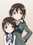  blush brown_eyes brown_hair christiane_barkhorn flower gertrud_barkhorn long_hair long_sleeves military military_uniform multiple_girls ribbon short_hair siblings sisters smile strike_witches twintails uniform yumekaranigeruna 