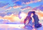  1girl aincrad asuna_(sao) bare_shoulders bird black_hair brown_hair cloud clouds couple detached_sleeves from_behind kirito long_hair naruse_chisato sitting sky sunlight sword_art_online 