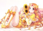  boots brooch bubble_skirt choker circlet cure_muse cure_muse_(yellow) dress female flower frills heart high_heels jewelry long_hair magical_girl oimo orange_hair pillow pink_eyes precure shirabe_ako skirt smile solo suite_precure sunflower yellow_dress 