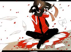  1girl ayano_(kagerou_project) black_hair hair_ornament hairclip hug hug_from_behind kagerou_project kisaragi_shintarou long_hair paper petals scarf school_uniform short_hair smile tomann toumei_answer_(vocaloid) 