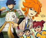  5boys amemiya_taiyou aoyama_shunsuke armor glasses hayami_tsurumasa ichino_nanasuke inazuma_eleven inazuma_eleven_(series) inazuma_eleven_go inazuma_eleven_go_chrono_stone lightning_bolt liu_bei_(inazuma_eleven) male mizuhara_aki multiple_boys necktie open_mouth raimon soccer_uniform sword weapon 