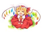  3535carrot :d ^_^ blonde_hair blush closed_eyes eyes_closed fang flandre_scarlet from_above hat hat_ribbon open_mouth ribbon side_ponytail sitting smile solo touhou wings 