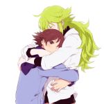  blush brown_eyes brown_hair bust closed_eyes eyes_closed green_hair hirosuke hug jacket long_hair multiple_boys n_(pokemon) pokemon pokemon_(game) pokemon_bw ponytail simple_background touya_(pokemon) yaoi 