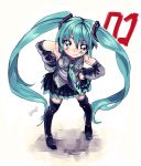  amezawa_koma aqua_eyes aqua_hair boots detached_sleeves hands_on_hips hatsune_miku headset long_hair looking_at_viewer necktie skirt smile solo thigh-highs thigh_boots thighhighs twintails very_long_hair vocaloid 