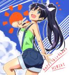  &gt;;d :d antenna_hair bare_shoulders black_hair blue_eyes blush character_name earrings fang ganaha_hibiki happy_birthday hoop_earrings idolmaster jewelry long_hair looking_at_viewer open_mouth outline overalls ponytail shorts smile solo suspenders teru_(grafroller) v 