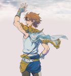  blue_eyes bridal_gauntlets brown_hair butz_klauser cape dissidia_final_fantasy final_fantasy final_fantasy_v from_behind hand_on_hip male open_mouth shiga_(nattou_mo) smile solo standing waving 