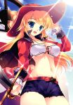  :d absurdres bandeau belt blonde_hair blue_eyes breasts cleavage copyright_request front-tie_top hat highres long_hair mikeou open_mouth short_shorts shorts smile solo sword weapon 