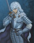  1boy androgynous armor berserk blue_eyes griffith lips long_hair miura_kentarou sheath solo sword wavy_hair weapon white_hair 