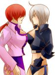  2girls ahoge angel_(kof) breast_press breasts chaps cleavage cleavage_cutout cropped_jacket fatal_fury fingerless_gloves gloves good_bye_esaka hair_over_eyes huge_breasts king_of_fighters lipstick makeup miniskirt multiple_girls ponytail red_hair redhead shermie short_hair silver_hair skirt symmetrical_docking 