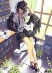  bare_legs black_hair book bookshelf camera chair collarbone curtains looking_at_viewer madyy photo_(object) red_eyes shameimaru_aya short_hair sitting skirt smile solo touhou window wings 