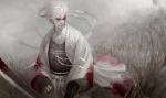  ao666 blood blood_on_face gintama headband japanese_clothes joui katana realistic red_eyes sakata_gintoki solo sword weapon white_hair 