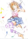  amami_haruka brown_hair character_request green_eyes highres ice2002 idolmaster musical_note open_mouth smile solo striped striped_legwear thigh-highs thighhighs traditional_media 