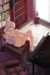 bare_legs bare_shoulders barefoot book bookshelf brown_eyes cactus cat couch feet hareno_chiame indoors instrument long_hair looking_at_viewer messy_hair original ottoman panties piano pillow pot shadow sitting solo strap_slip underwear very_long_hair window 
