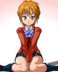  brown_eyes brown_hair futari_wa_precure isu lowres misumi_nagisa plaid precure school_uniform short_hair sitting smile solo striped striped_bowtie when_you_see_it 