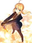  ahoge aqua_eyes black_gloves blonde_hair excalibur fate/zero fate_(series) formal gloves glowing glowing_sword glowing_weapon green_eyes highres long_hair necktie pant_suit perspective planted_sword planted_weapon ponytail saber smile solo suit sword takeuchi_takashi weapon 