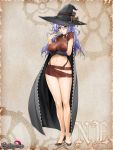  1girl ashley_hazel_blackmoor baroque_night_eclipse breasts cape erect_nipples hat high_heels ishikei large_breasts midriff purple_hair shoes solo sorcerer source_request wizard yellow_eyes 