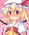  ascot blonde_hair blush bust dress fang flandre_scarlet fookun hat hat_ribbon looking_at_viewer open_mouth puffy_sleeves red_dress red_eyes ribbon shirt short_sleeves side_ponytail solo star touhou wings 